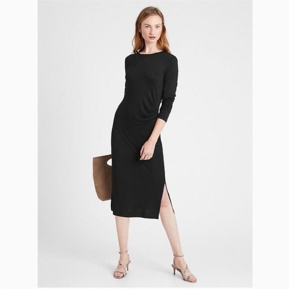 Banana Republic Dresses & Skirts - Banana Republic Long Sleeve Side Ruched Midi Dress Size XL Black